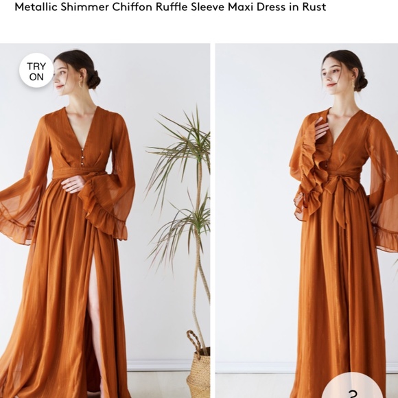Shimmer Chiffon Ruffle Sleeve Maxi Dress Rust - Picture 2 of 5